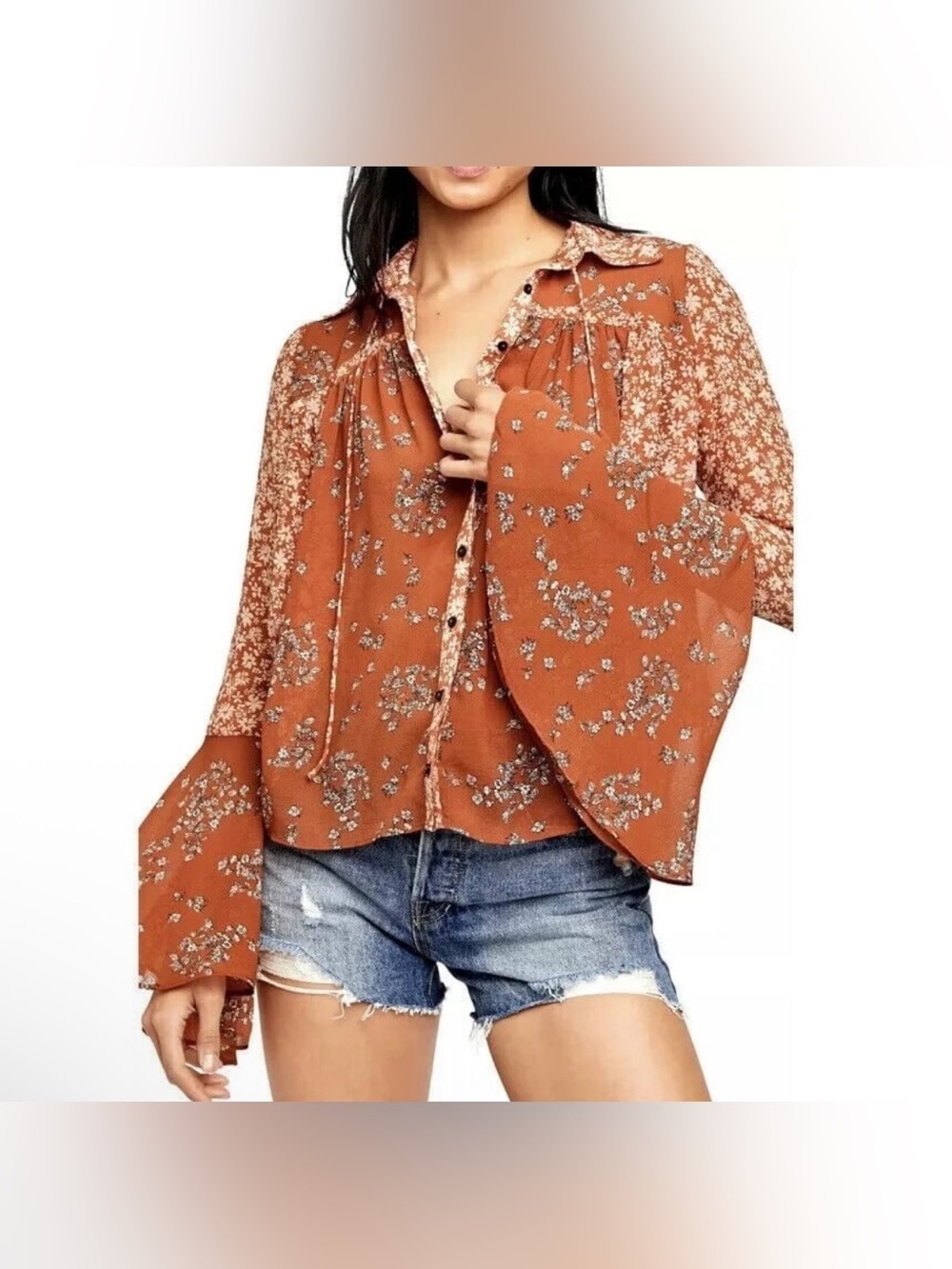 Free People Rust Floral Bell-Sleeve Button Front Blouse - Size XS